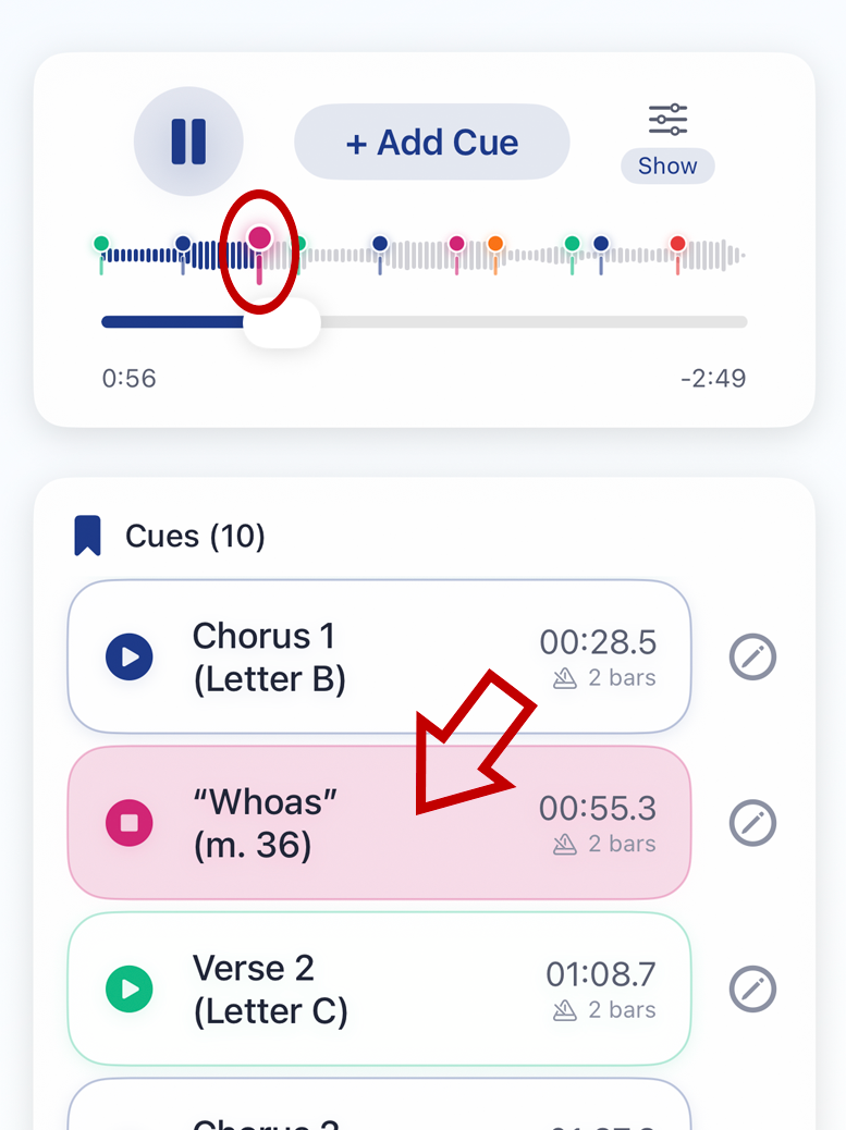 iPhone: Jump to cues in the timeline instantly.